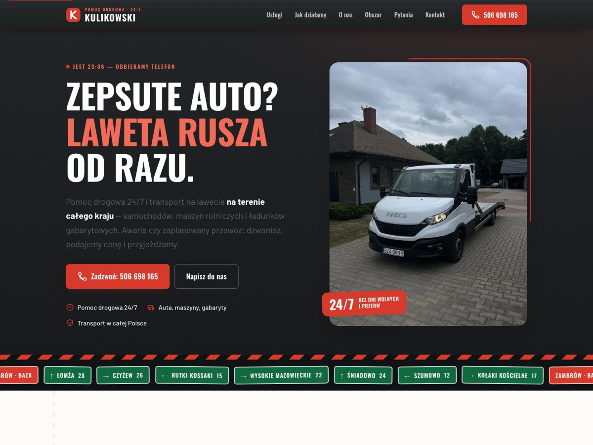 Zrzut ekranu strony autolawetazambrow.pl — sekcja hero z hasłem „Zepsute auto? Laweta rusza od razu.